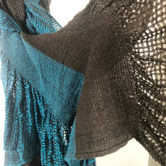 Teal & Black Ruffled Knit Artistic Scarf — Statement Layering Piece - Picture 10 of 13